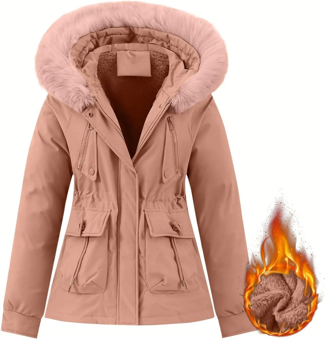 Borniu Women's Winter Puffer Coat Thicken Fleece Lined Down Jacket Faux Fur Detachable Hooded Parka Jacket Outerwear