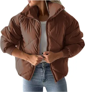 Borniu Womens Winter Quilted Jackets Long Sleeve Full Zip Puffer Jacket Stand Collar Baggy Short Down Coats Outerwear