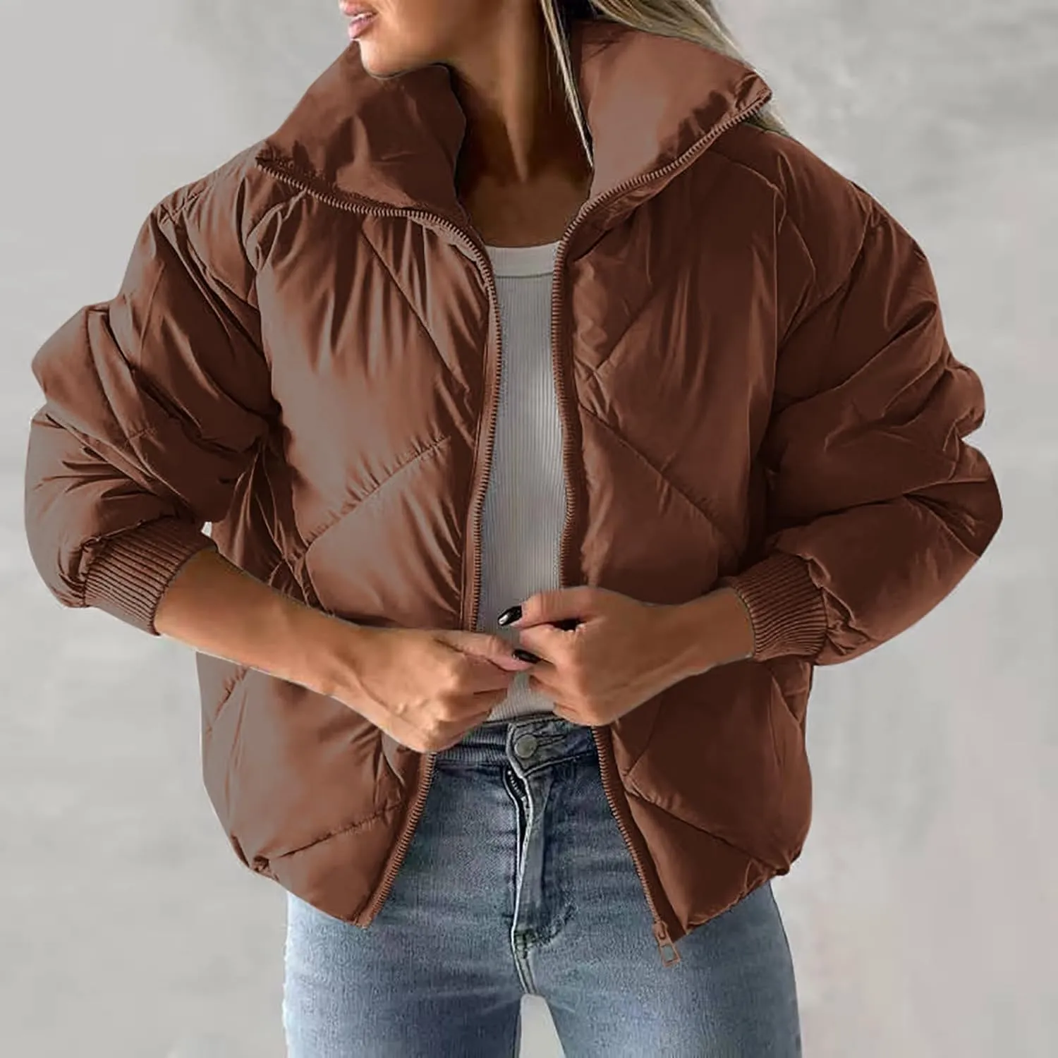 Borniu Womens Winter Quilted Jackets Long Sleeve Full Zip Puffer Jacket Stand Collar Baggy Short Down Coats Outerwear