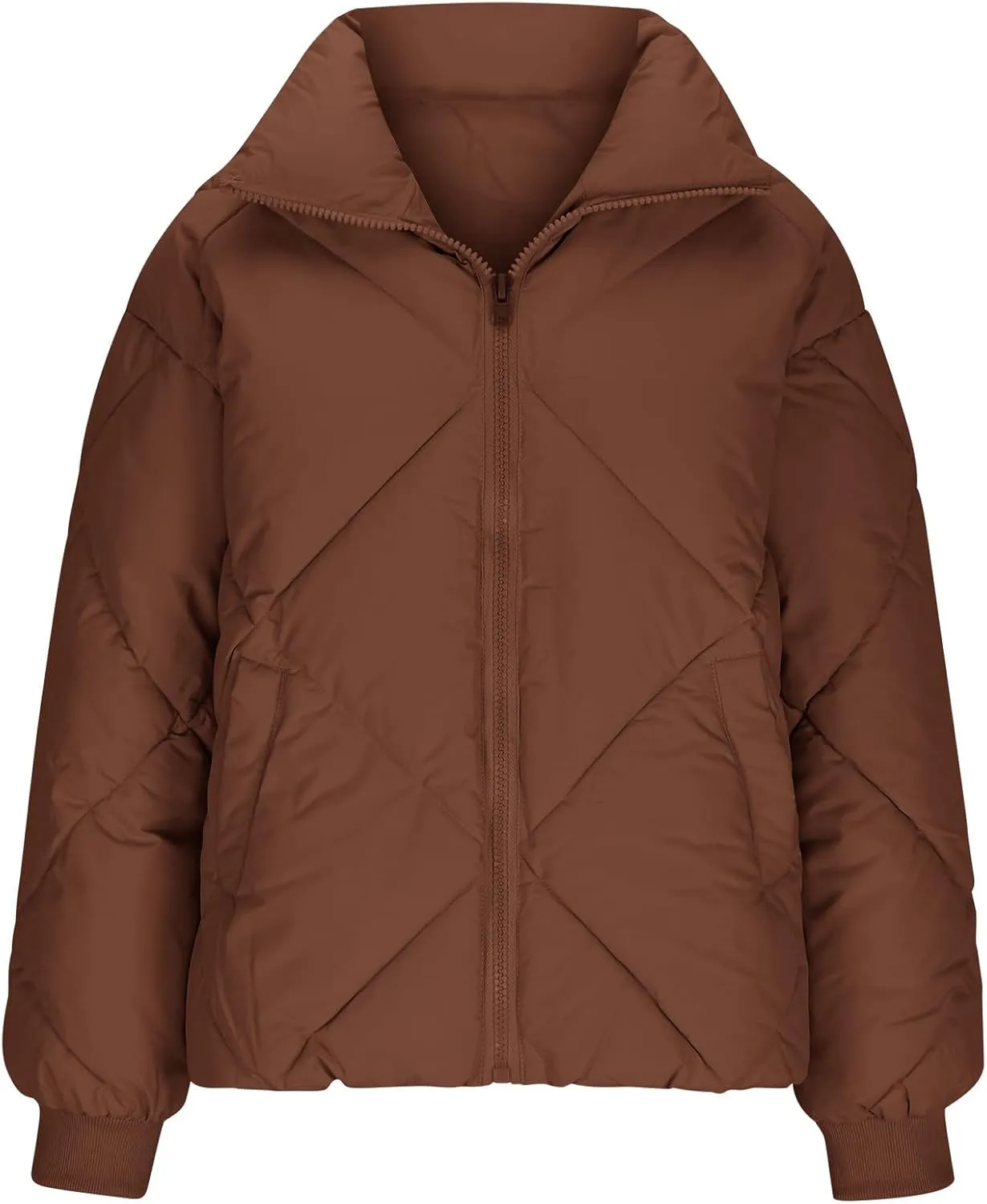 Borniu Womens Winter Quilted Jackets Long Sleeve Full Zip Puffer Jacket Stand Collar Baggy Short Down Coats Outerwear