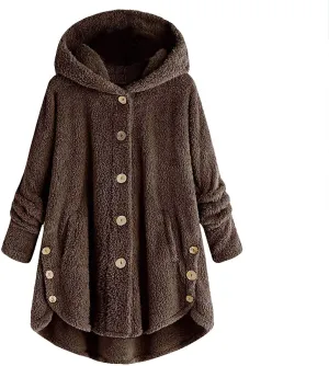 Button Down Cloak Jackets for Women Long Sleeve Fall Hoodies Fuzzy Flannel Jacket Coats Side Slit High Low Outerwears