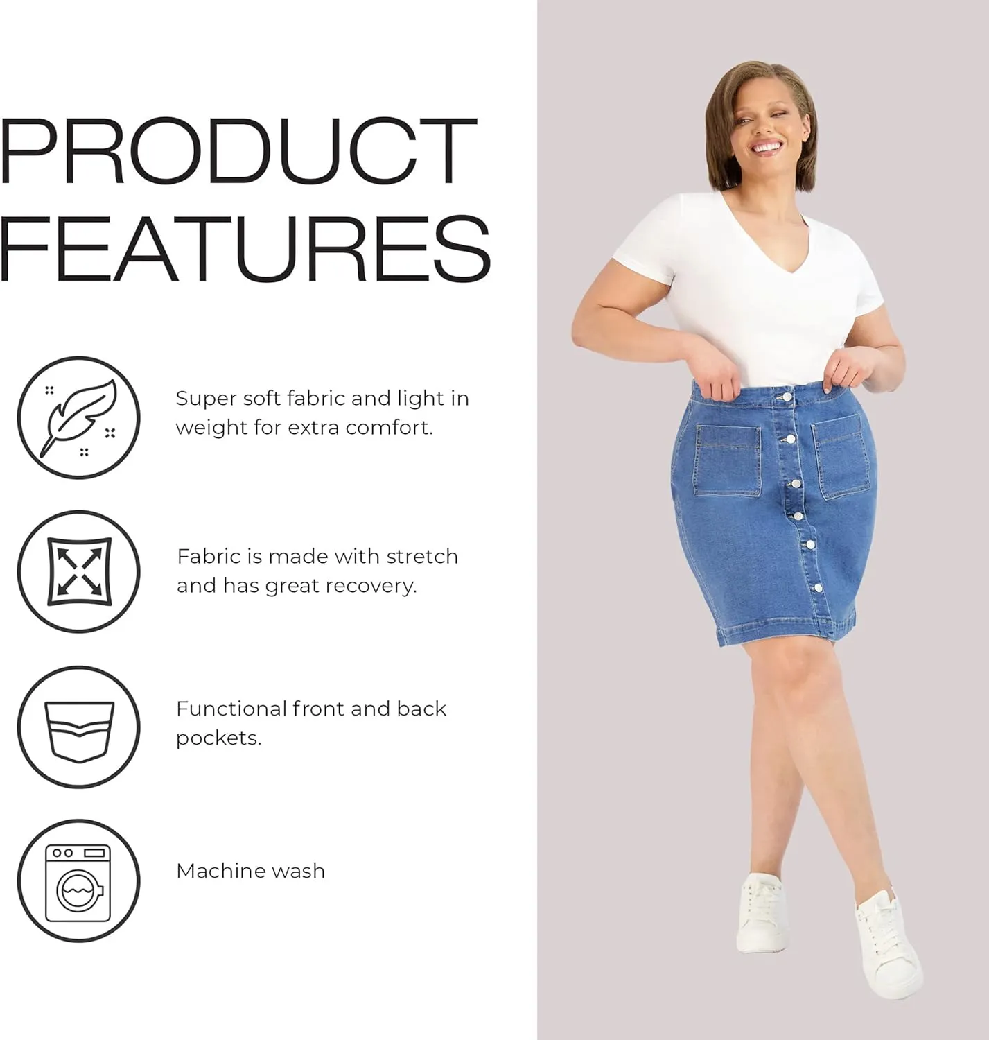 Button Skirt - Easy to Put On & Take Off Button Front Skirt - Soft/Comfortable Women's Skirts