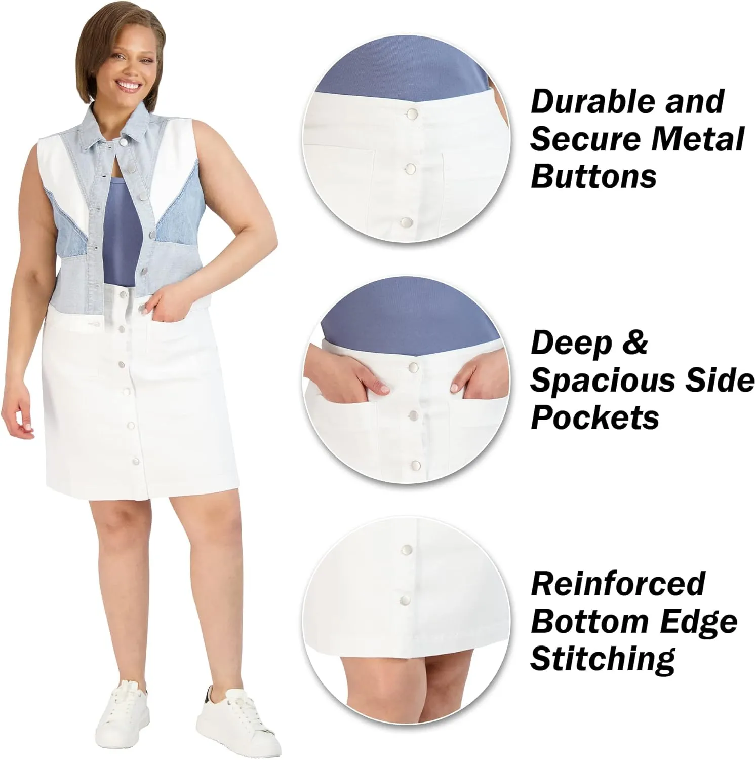 Button Skirt - Easy to Put On & Take Off Button Front Skirt - Soft/Comfortable Women's Skirts