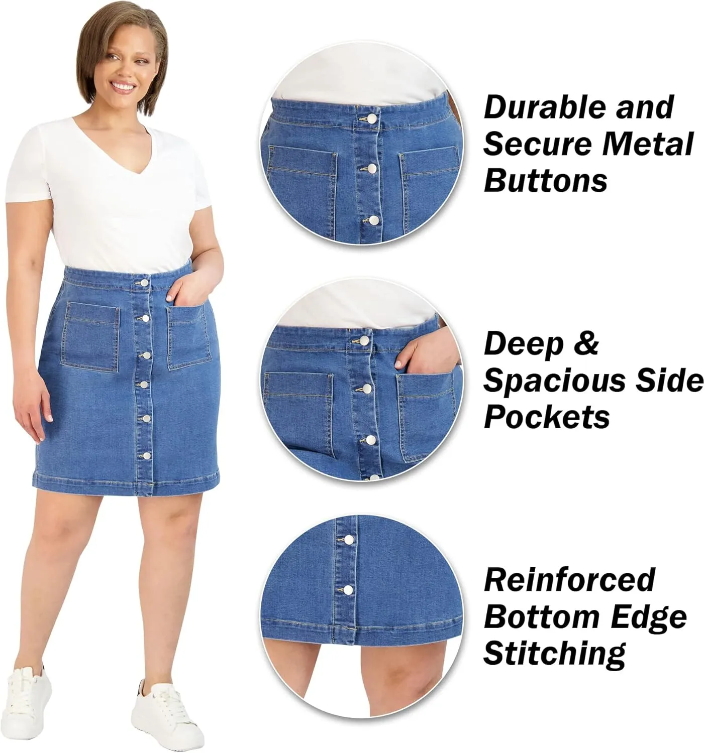 Button Skirt - Easy to Put On & Take Off Button Front Skirt - Soft/Comfortable Women's Skirts