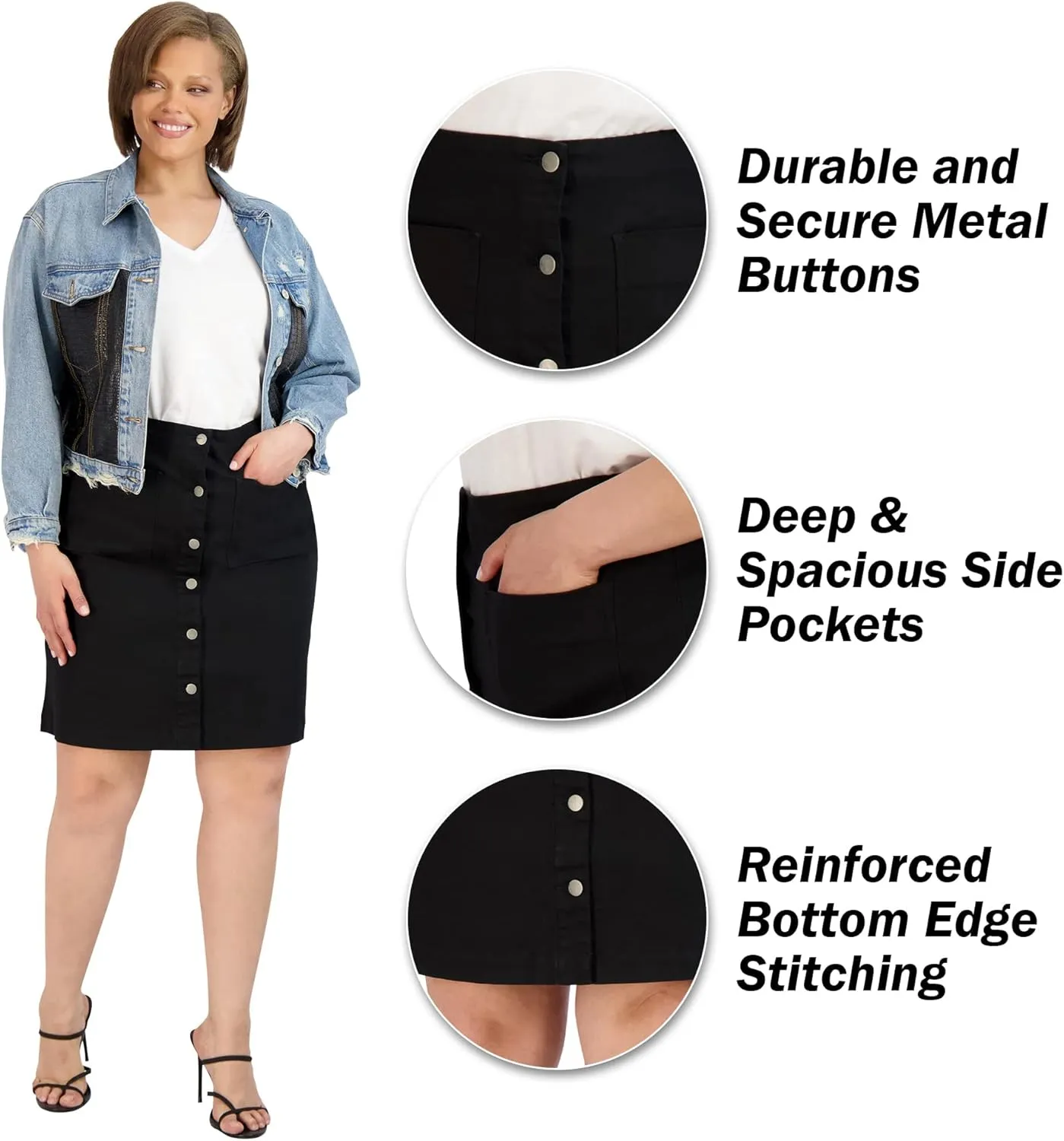 Button Skirt - Easy to Put On & Take Off Button Front Skirt - Soft/Comfortable Women's Skirts