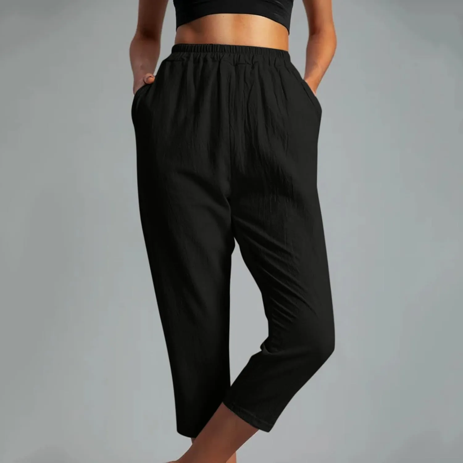Capri Linen Pants for Women Casual Loose Fit Straight Leg Trouser Elastic High Waisted Comfy Wear to Wotk Pants
