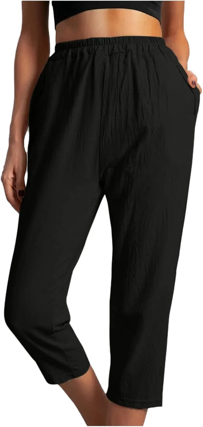 Capri Linen Pants for Women Casual Loose Fit Straight Leg Trouser Elastic High Waisted Comfy Wear to Wotk Pants