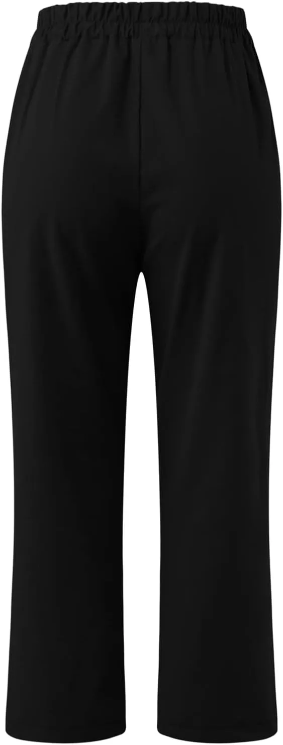Capri Linen Pants for Women Casual Loose Fit Straight Leg Trouser Elastic High Waisted Comfy Wear to Wotk Pants