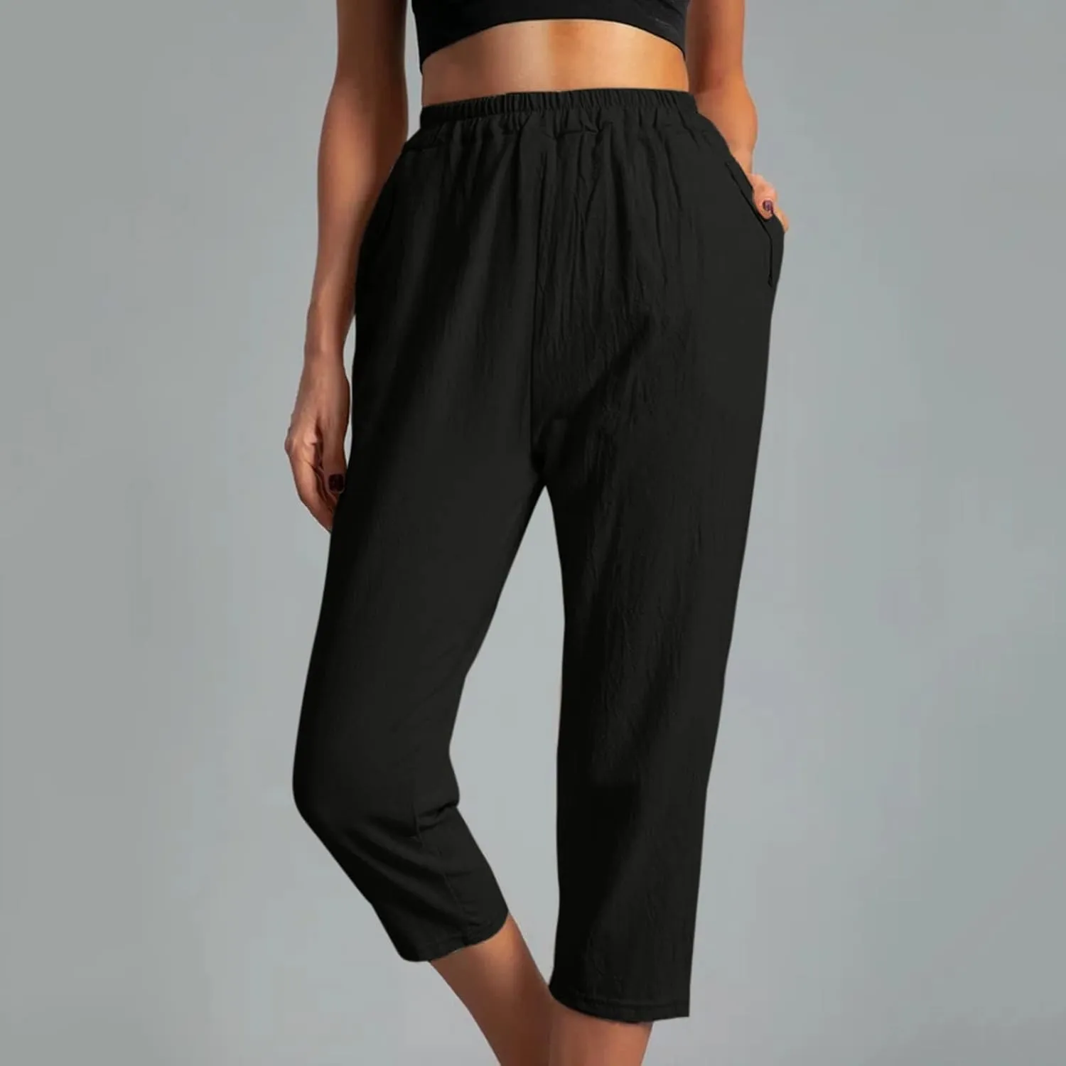 Capri Linen Pants for Women Casual Loose Fit Straight Leg Trouser Elastic High Waisted Comfy Wear to Wotk Pants
