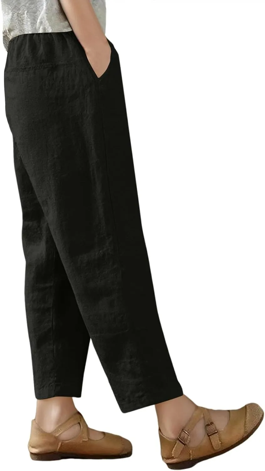 Capri Pants for Women Casual Summer Wide Leg Cotton Linen Pants Elastic Waist Beach Cropped Trousers with Pockets
