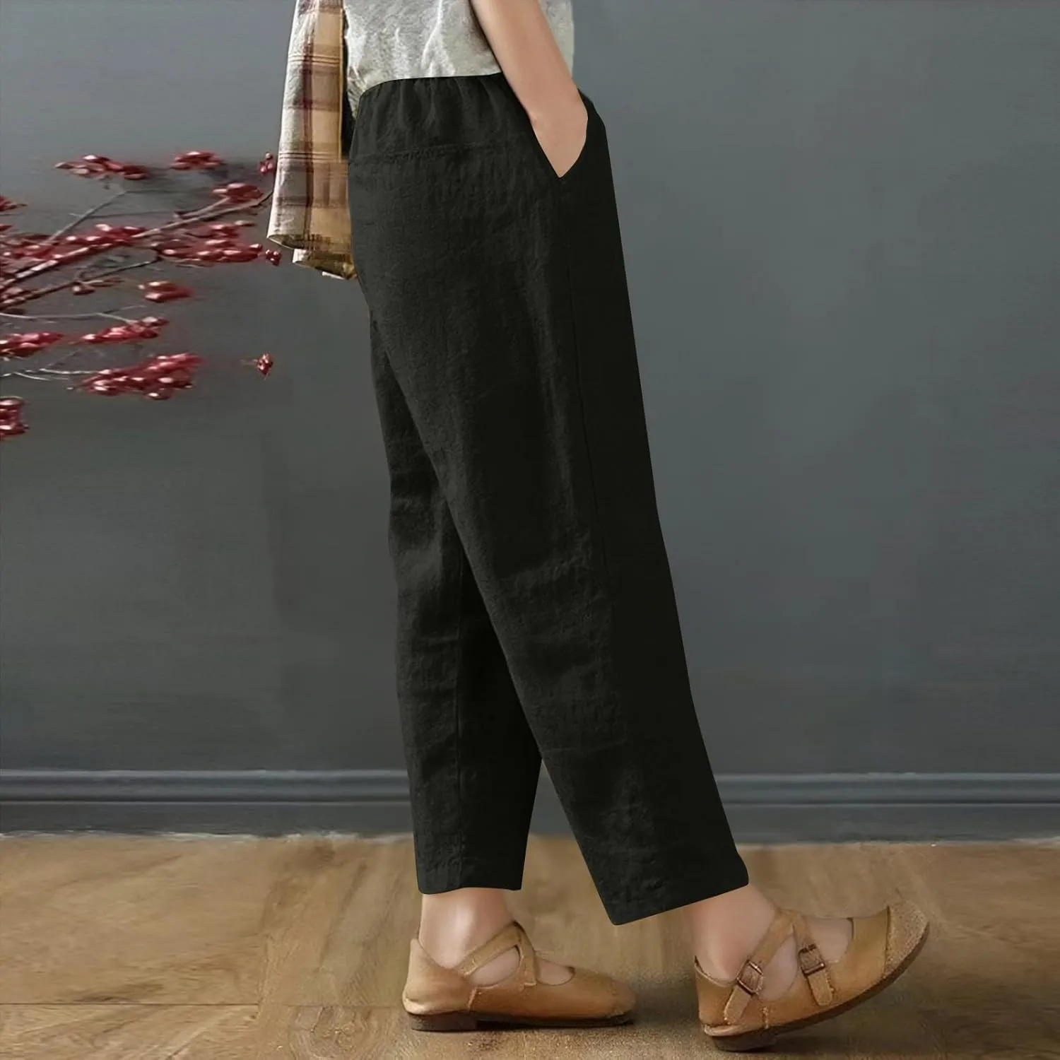 Capri Pants for Women Casual Summer Wide Leg Cotton Linen Pants Elastic Waist Beach Cropped Trousers with Pockets