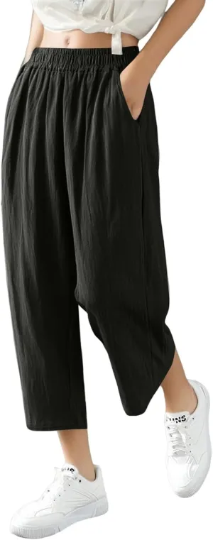 Capri Pants for Women Casual Summer Wide Leg Cotton Linen Pants Elastic Waist Beach Cropped Trousers with Pockets