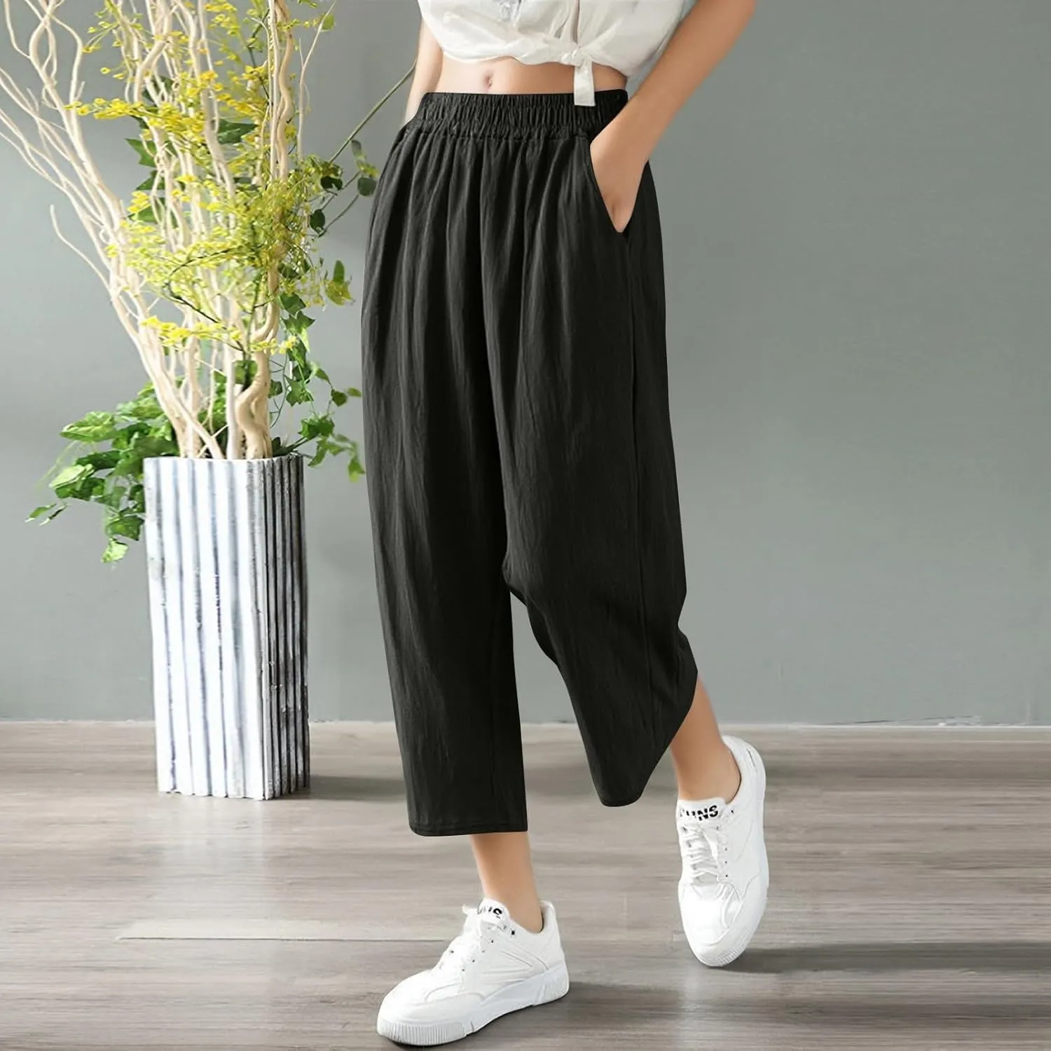 Capri Pants for Women Casual Summer Wide Leg Cotton Linen Pants Elastic Waist Beach Cropped Trousers with Pockets