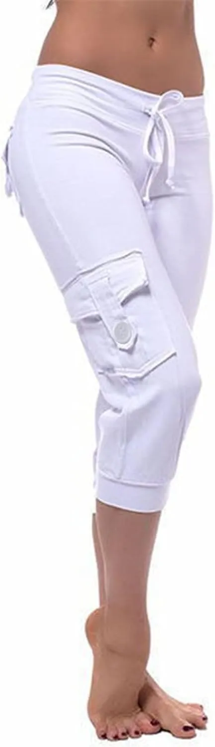 Capri Pants for Women Cropped Yoga Workout Leggings Casual Stretchy Drawstring Jogger Capris with Cargo Pockets