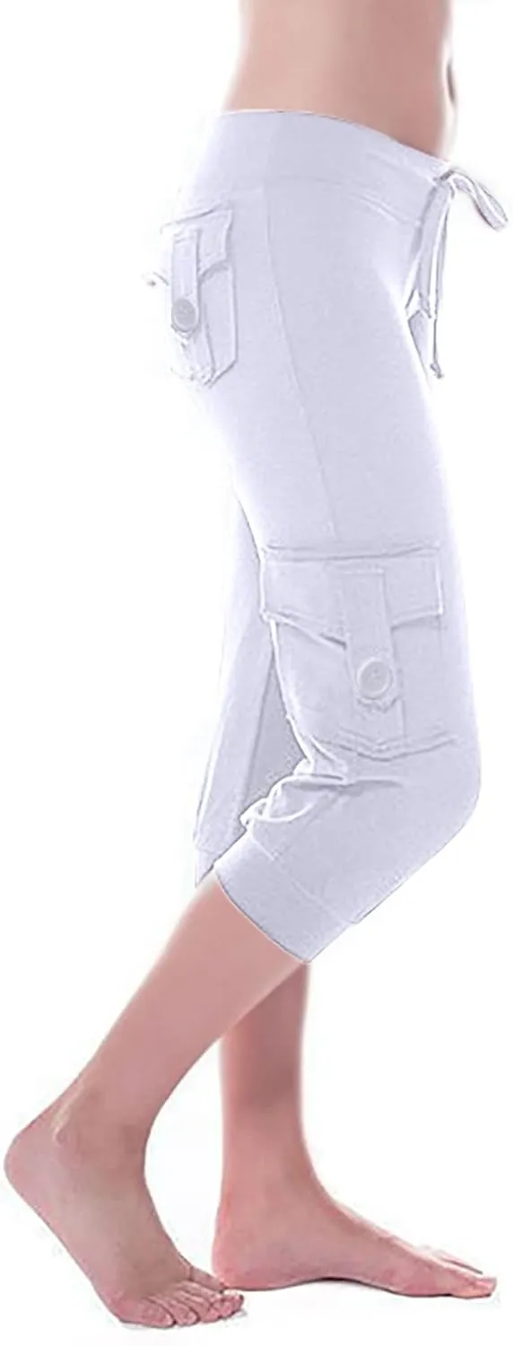 Capri Pants for Women Cropped Yoga Workout Leggings Casual Stretchy Drawstring Jogger Capris with Cargo Pockets