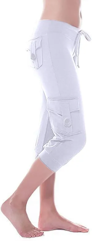 Capri Pants for Women Cropped Yoga Workout Leggings Casual Stretchy Drawstring Jogger Capris with Cargo Pockets