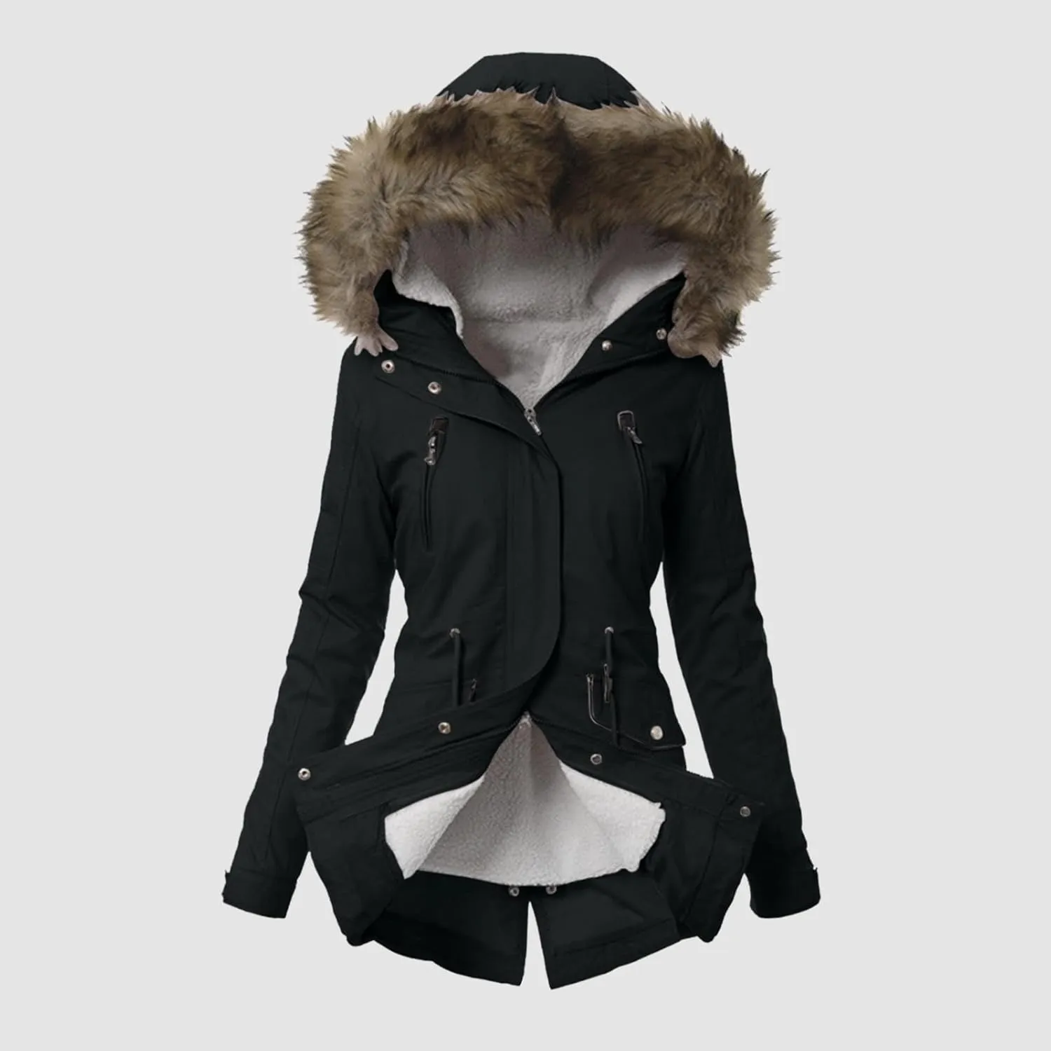 cooki Winter Coats for Women 2023 Trendy Women's Winter Sherpa Lined Faux Fur Hooded Mid Long Safari Parka Coat Puffer Jacket