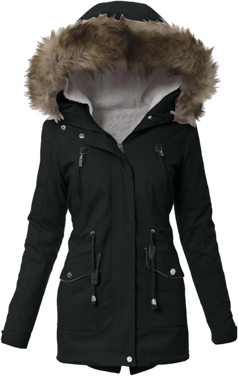 cooki Winter Coats for Women 2023 Trendy Women's Winter Sherpa Lined Faux Fur Hooded Mid Long Safari Parka Coat Puffer Jacket
