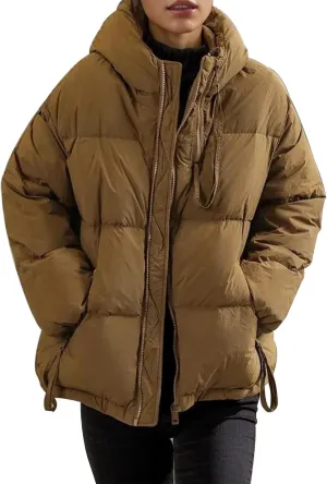 cooki Womens Winter Coats Long Sleeve Zip Puffer Jacket Stand Collar Baggy Short Down Coats with Pockets Thicken Cropped Coat