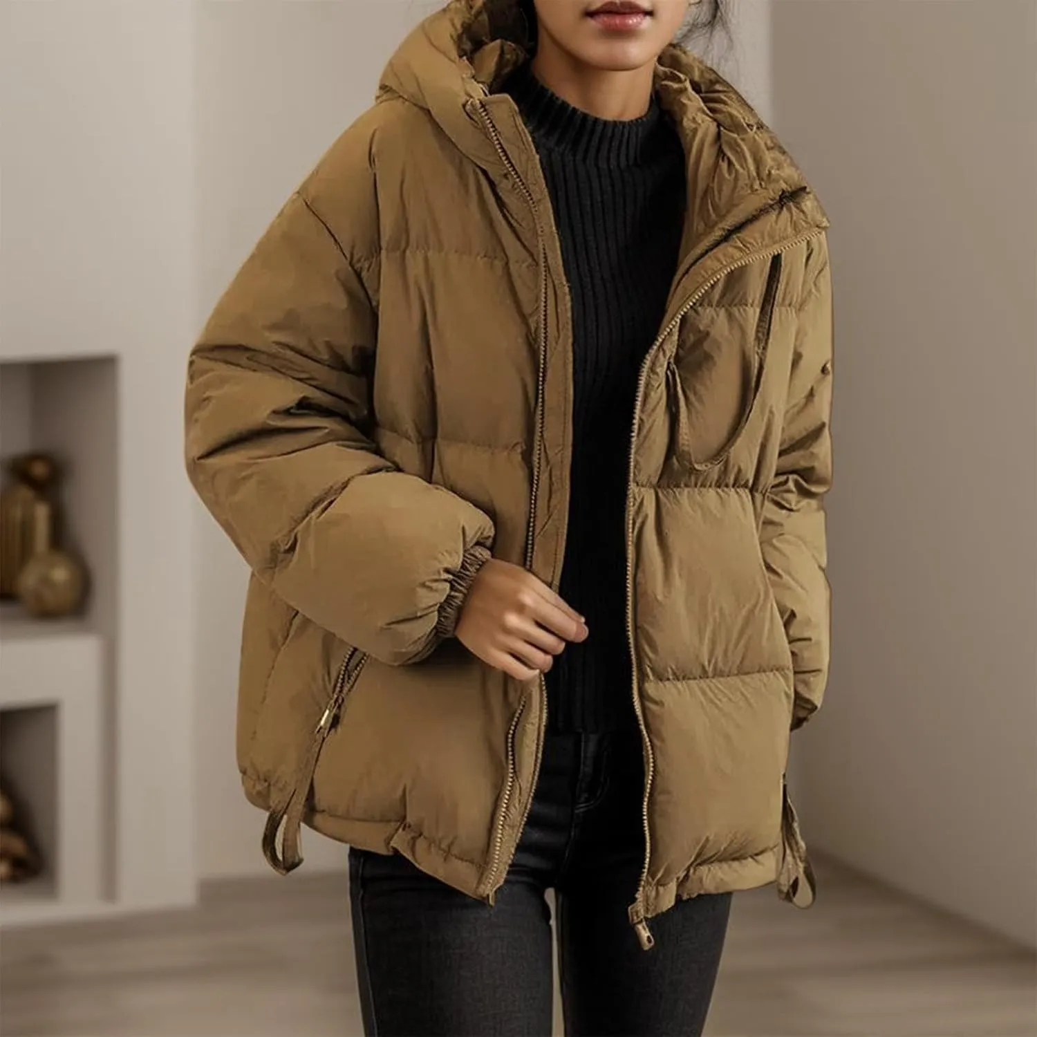 cooki Womens Winter Coats Long Sleeve Zip Puffer Jacket Stand Collar Baggy Short Down Coats with Pockets Thicken Cropped Coat