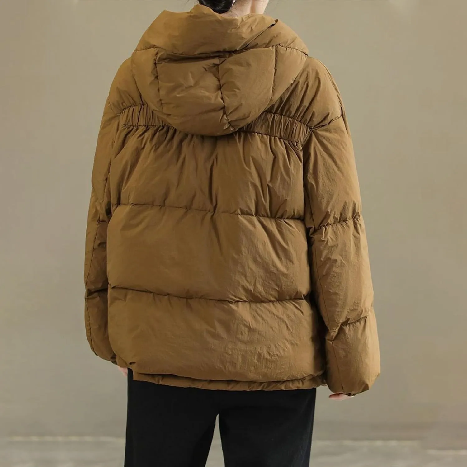 cooki Womens Winter Coats Long Sleeve Zip Puffer Jacket Stand Collar Baggy Short Down Coats with Pockets Thicken Cropped Coat