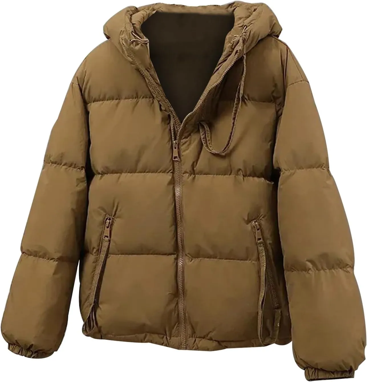 cooki Womens Winter Coats Long Sleeve Zip Puffer Jacket Stand Collar Baggy Short Down Coats with Pockets Thicken Cropped Coat