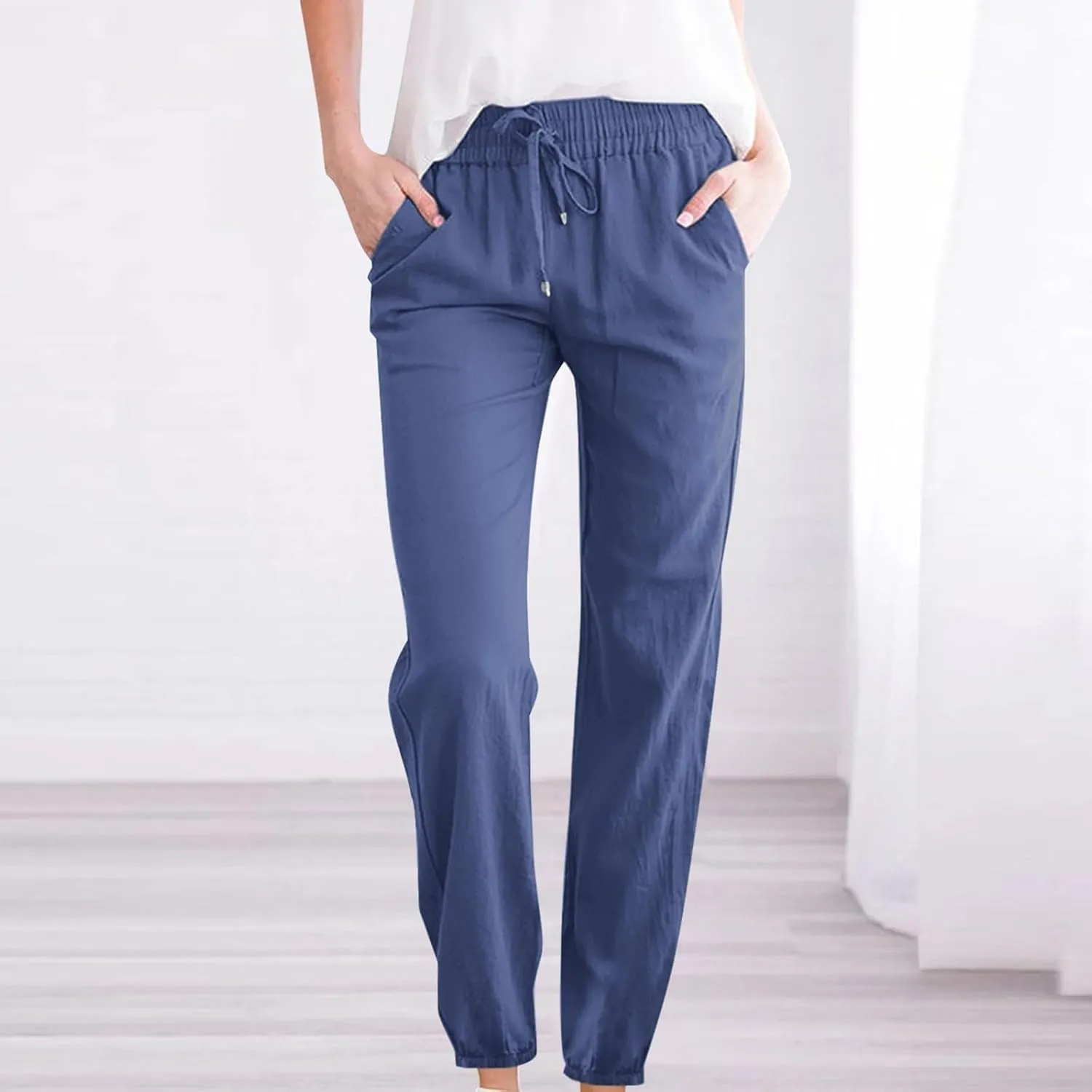 Cotton Linen Pants for Women 2024 Casual Straight Leg Drawstring Pant Lounge Trousers Spring Fashion Outfits