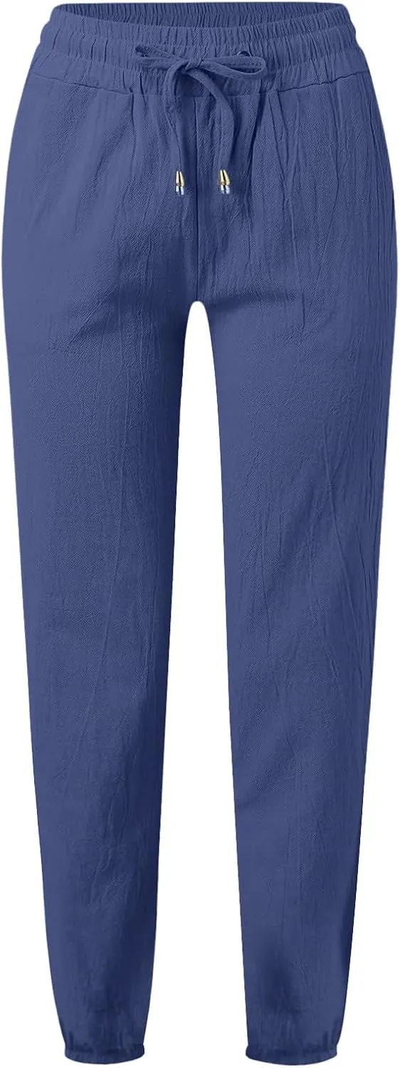 Cotton Linen Pants for Women 2024 Casual Straight Leg Drawstring Pant Lounge Trousers Spring Fashion Outfits