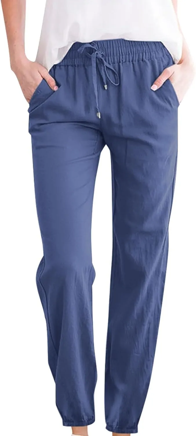 Cotton Linen Pants for Women 2024 Casual Straight Leg Drawstring Pant Lounge Trousers Spring Fashion Outfits