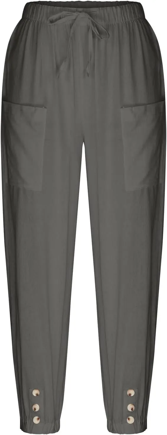 Cotton Linen Pants for Women Casual Summer Elastic High Waist Drawstring Lounge Pant Straight Leg Cropped Trousers