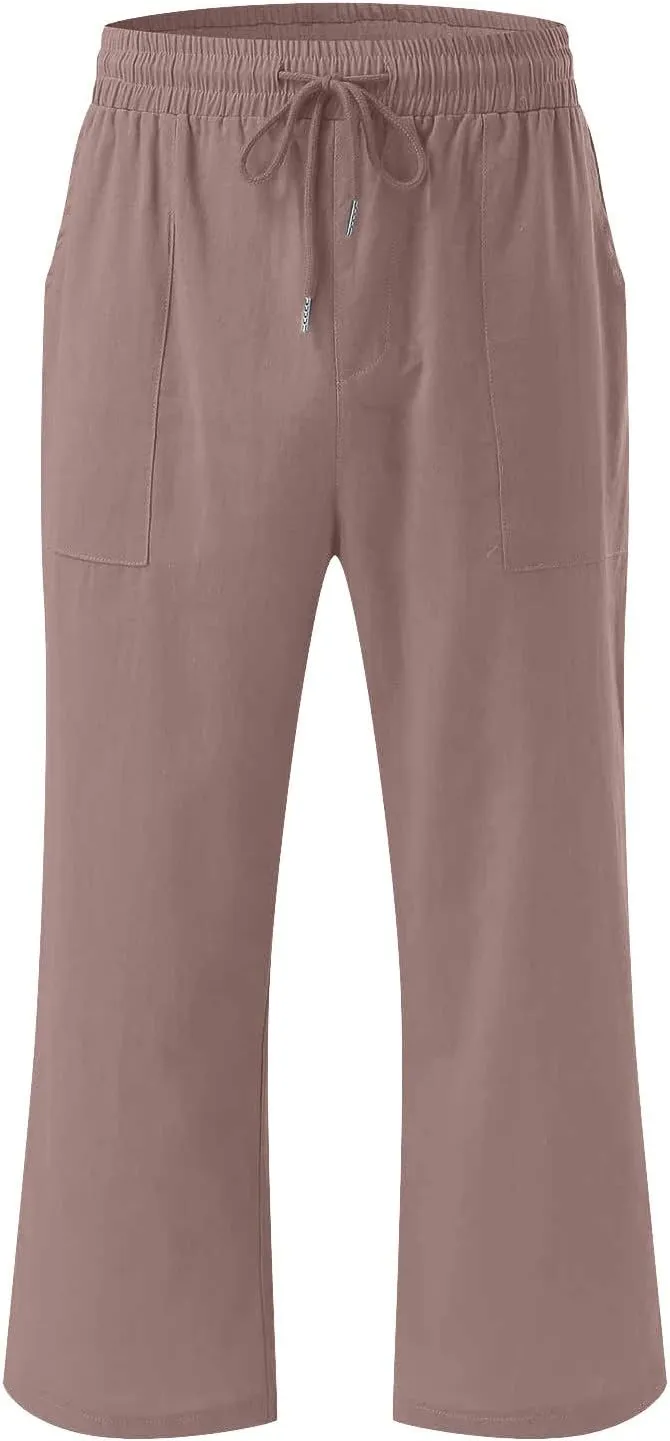 Cotton Linen Pants for Women Trendy 2024 High Waist Drawstring Cropped Pant Trousers Casual Summer Wide Leg Capris