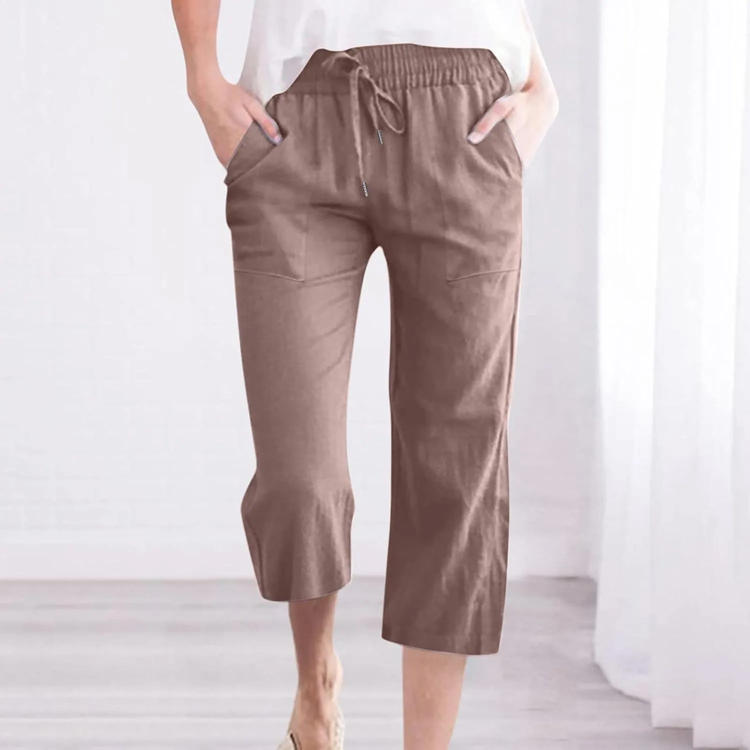 Cotton Linen Pants for Women Trendy 2024 High Waist Drawstring Cropped Pant Trousers Casual Summer Wide Leg Capris
