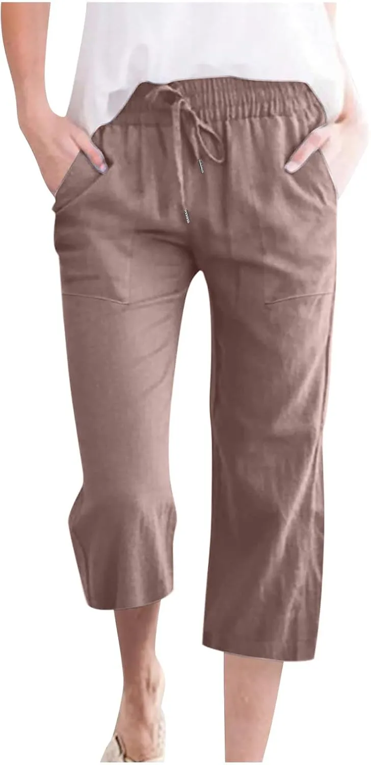 Cotton Linen Pants for Women Trendy 2024 High Waist Drawstring Cropped Pant Trousers Casual Summer Wide Leg Capris
