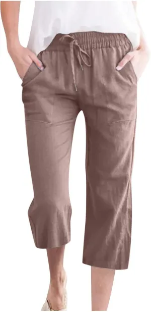 Cotton Linen Pants for Women Trendy 2024 High Waist Drawstring Cropped Pant Trousers Casual Summer Wide Leg Capris