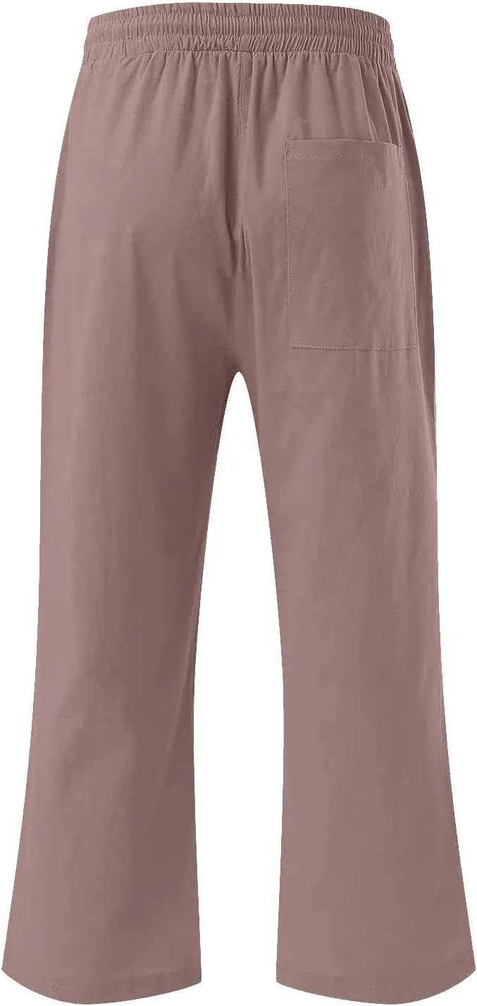 Cotton Linen Pants for Women Trendy 2024 High Waist Drawstring Cropped Pant Trousers Casual Summer Wide Leg Capris
