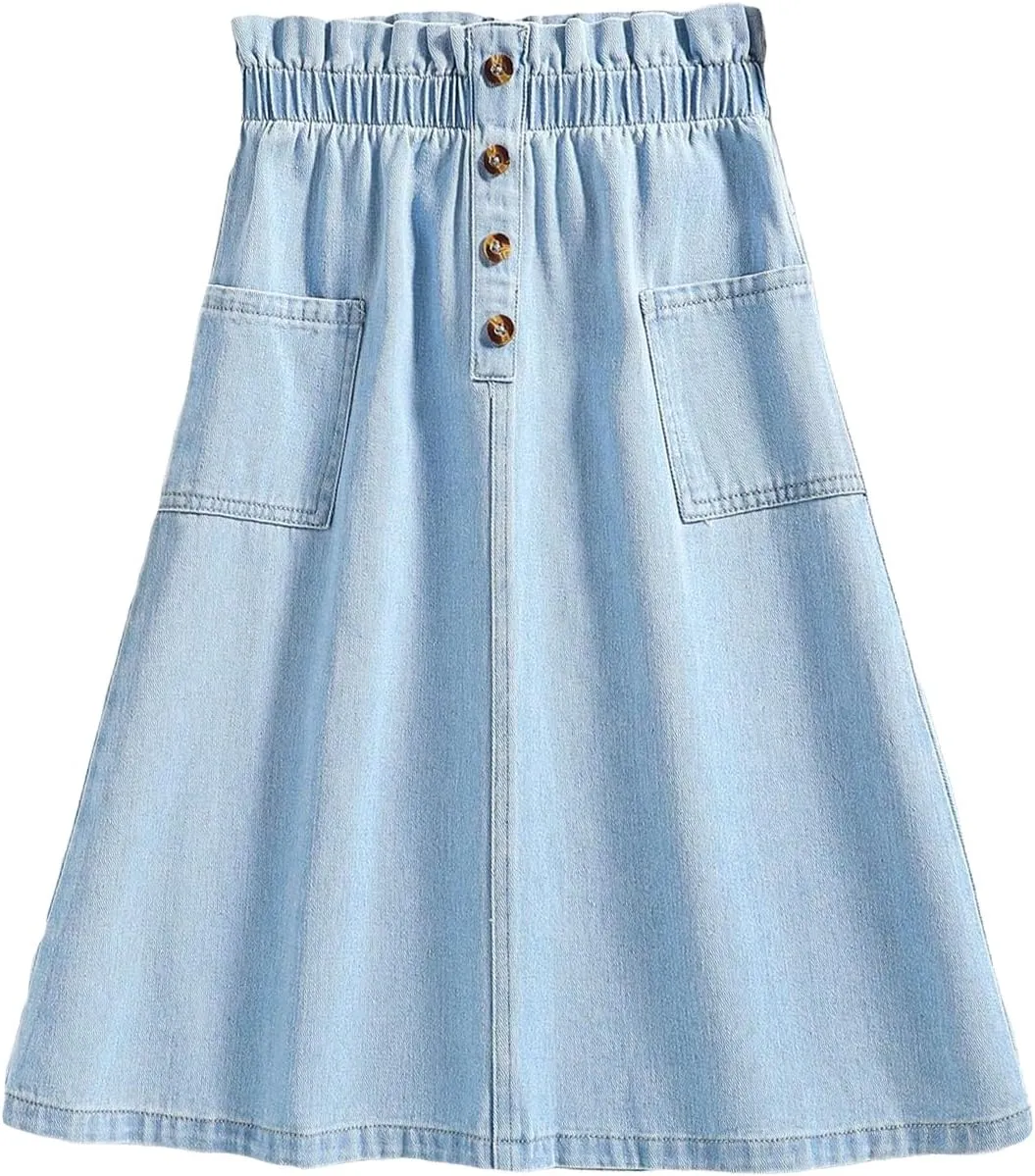 COZYEASE Girls' Paperbag High Waist A Line Skirt Button Front Midi Denim Skirts with Pocket
