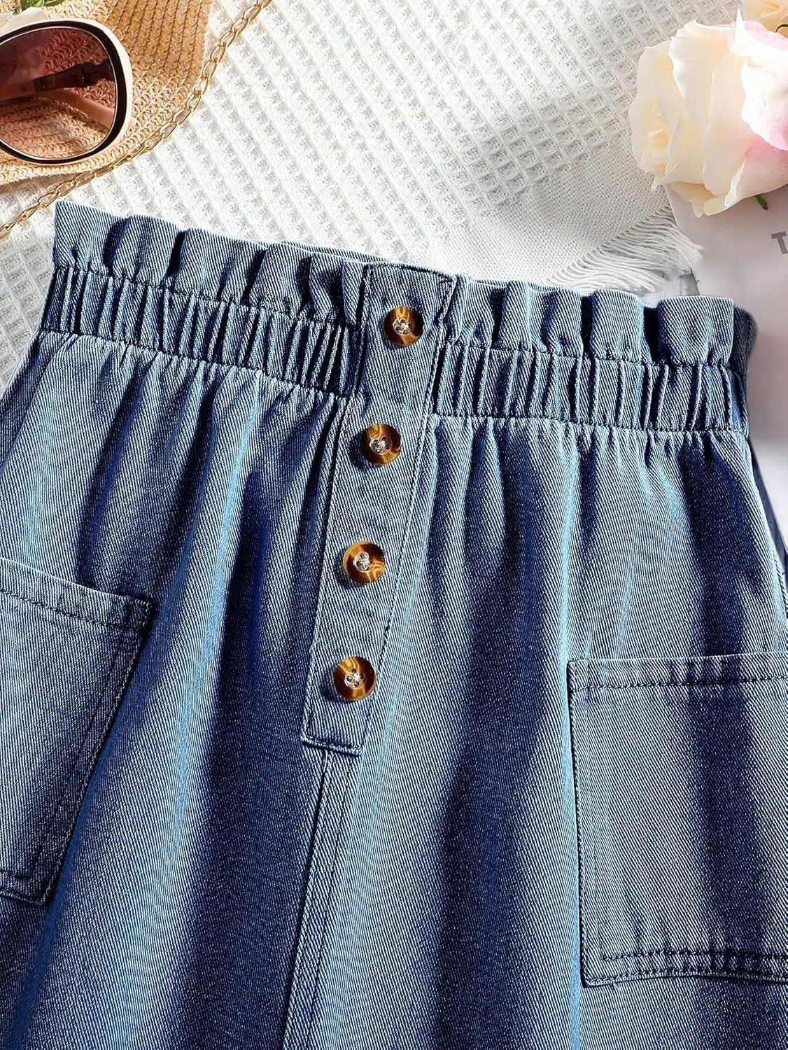 COZYEASE Girls' Paperbag High Waist A Line Skirt Button Front Midi Denim Skirts with Pocket