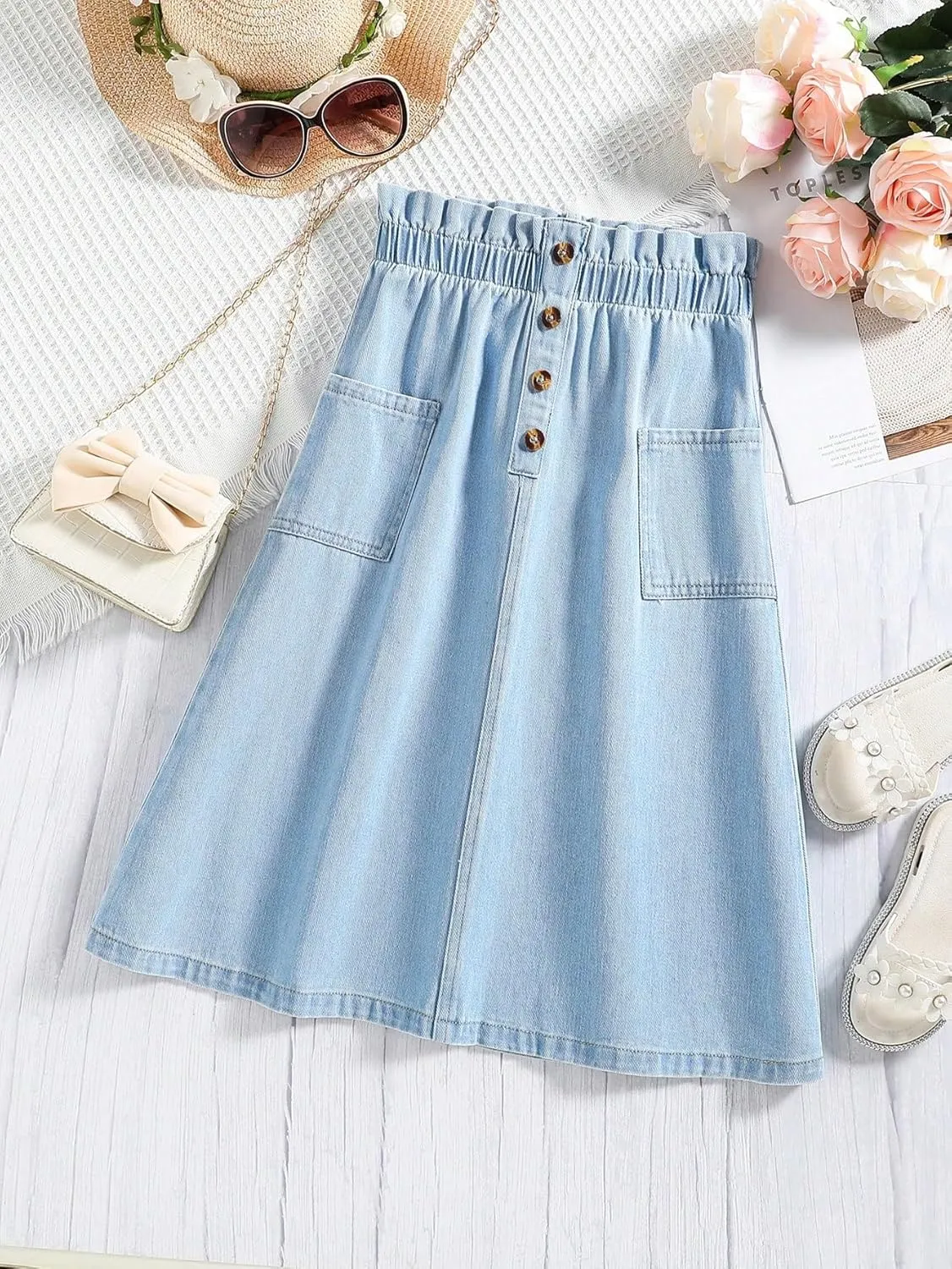 COZYEASE Girls' Paperbag High Waist A Line Skirt Button Front Midi Denim Skirts with Pocket