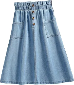 COZYEASE Girls' Paperbag High Waist A Line Skirt Button Front Midi Denim Skirts with Pocket