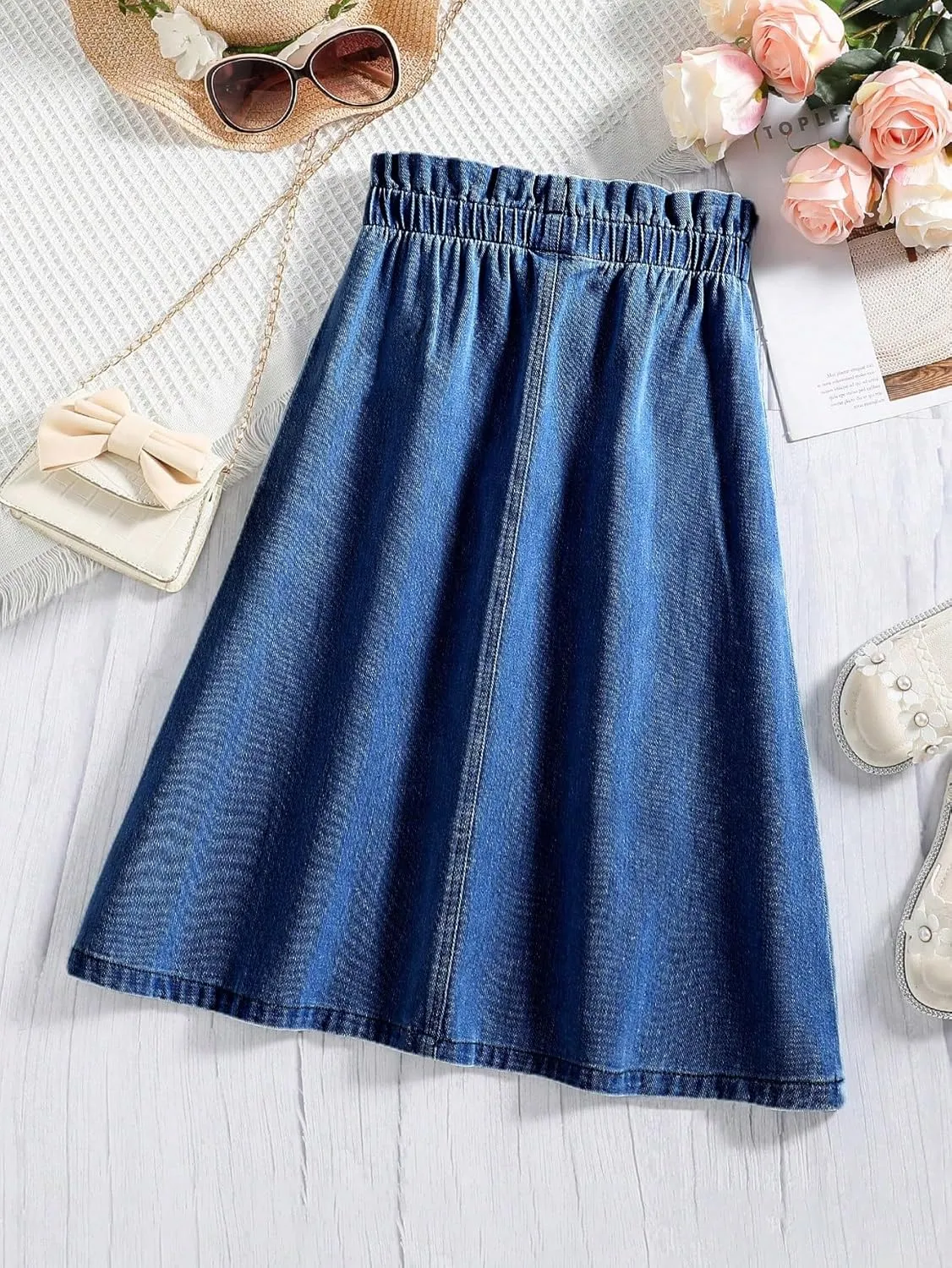 COZYEASE Girls' Paperbag High Waist A Line Skirt Button Front Midi Denim Skirts with Pocket