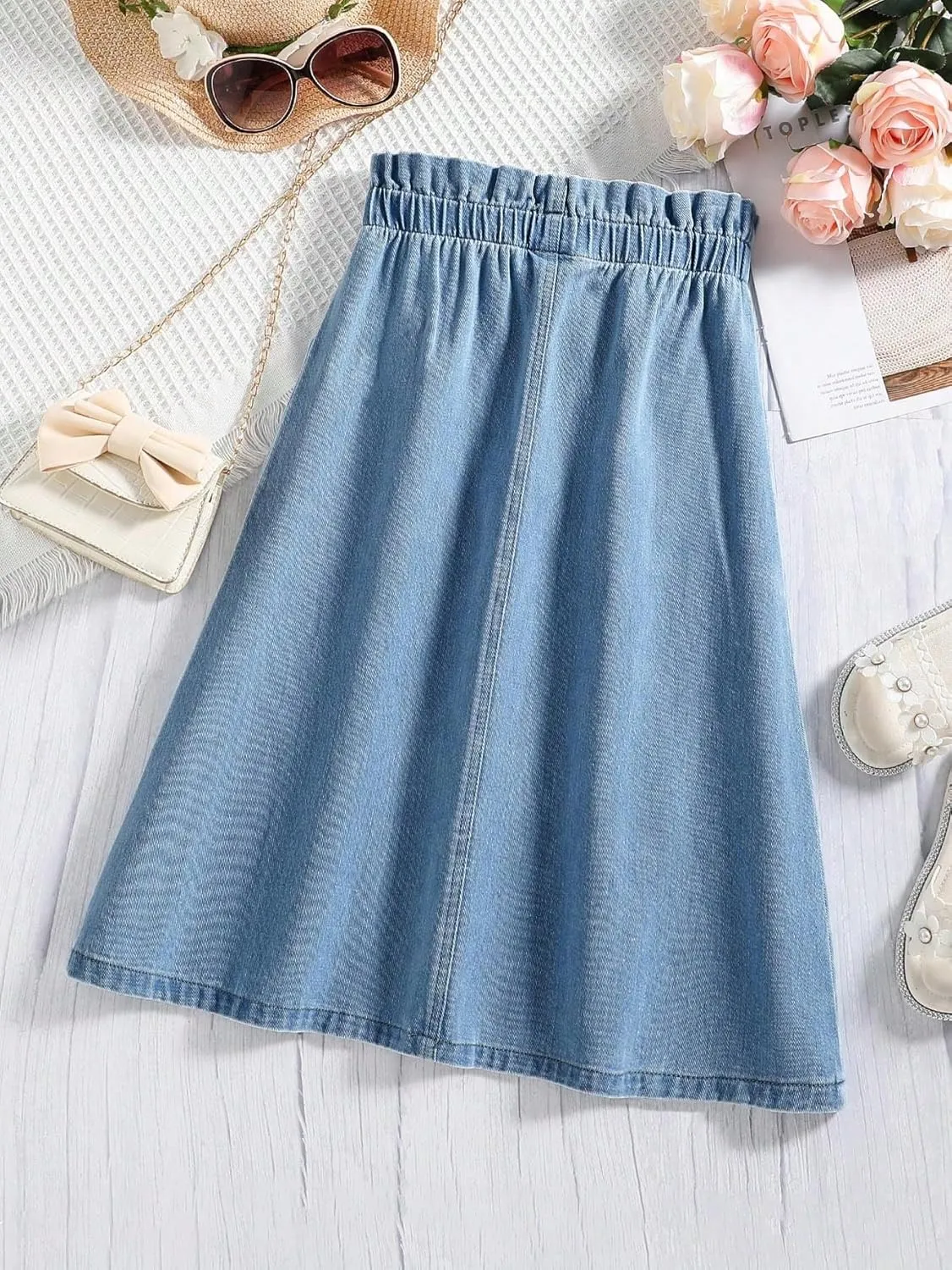 COZYEASE Girls' Paperbag High Waist A Line Skirt Button Front Midi Denim Skirts with Pocket
