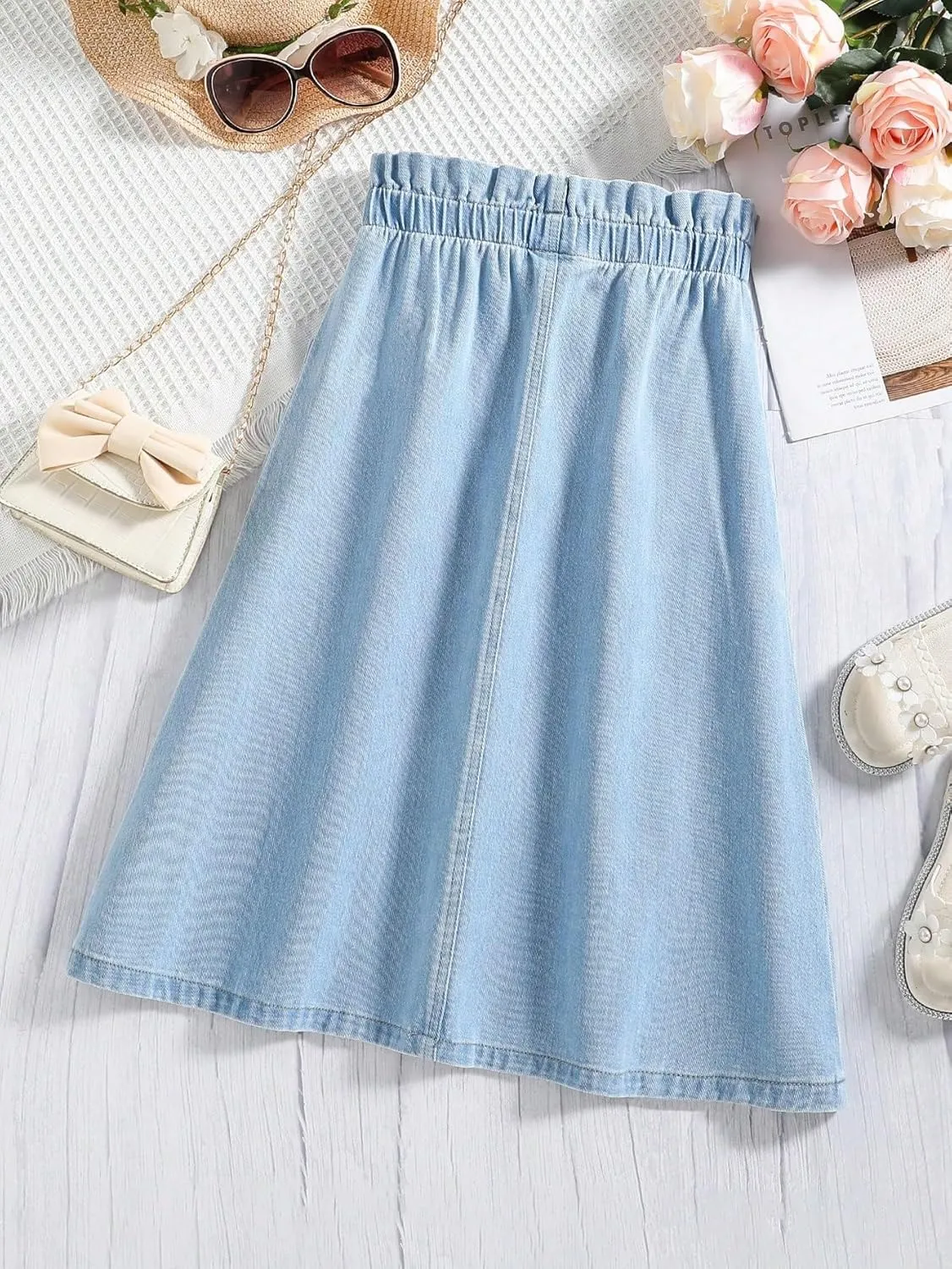 COZYEASE Girls' Paperbag High Waist A Line Skirt Button Front Midi Denim Skirts with Pocket
