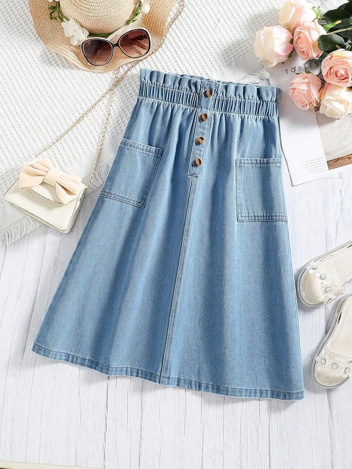 COZYEASE Girls' Paperbag High Waist A Line Skirt Button Front Midi Denim Skirts with Pocket