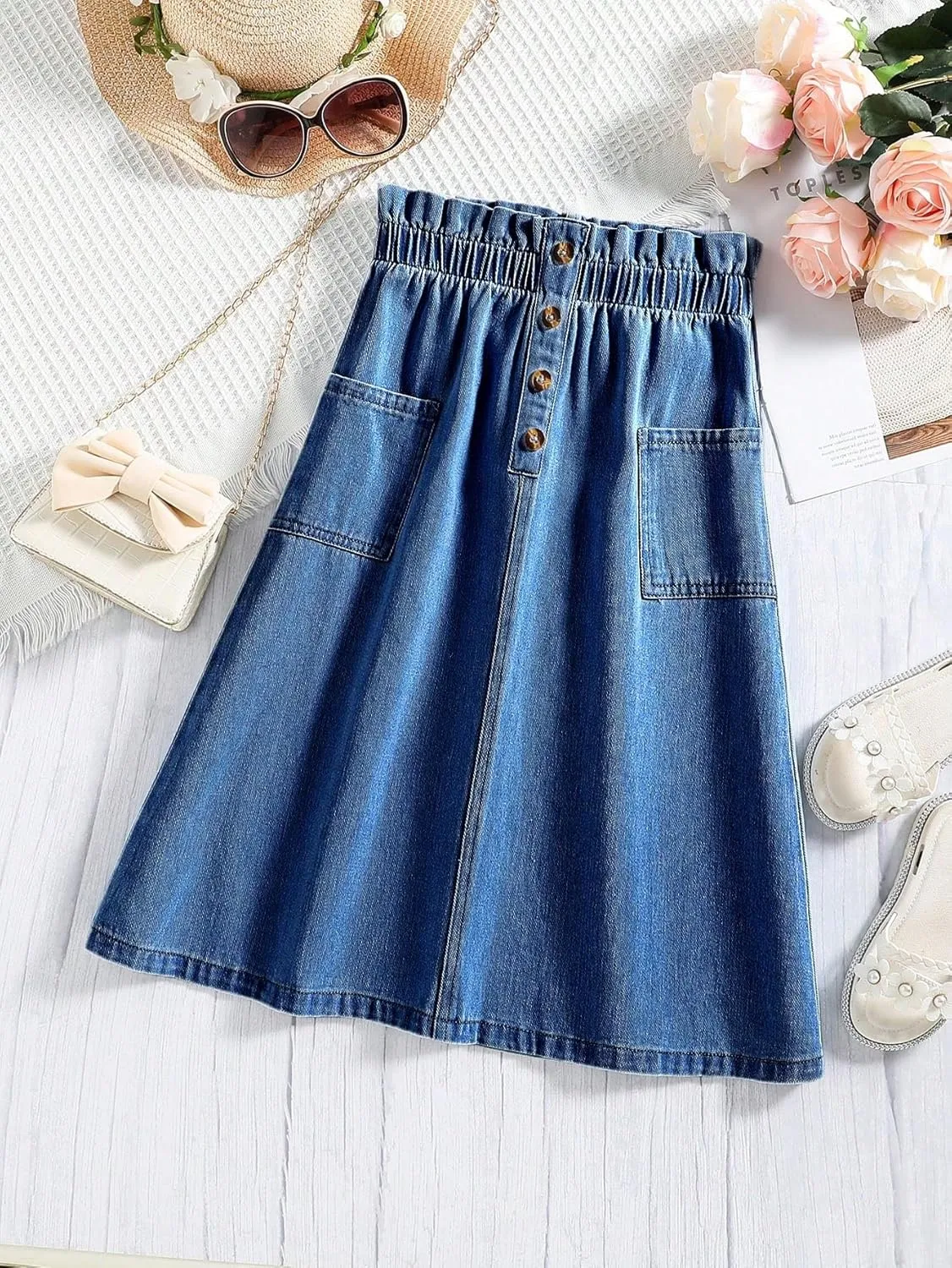 COZYEASE Girls' Paperbag High Waist A Line Skirt Button Front Midi Denim Skirts with Pocket