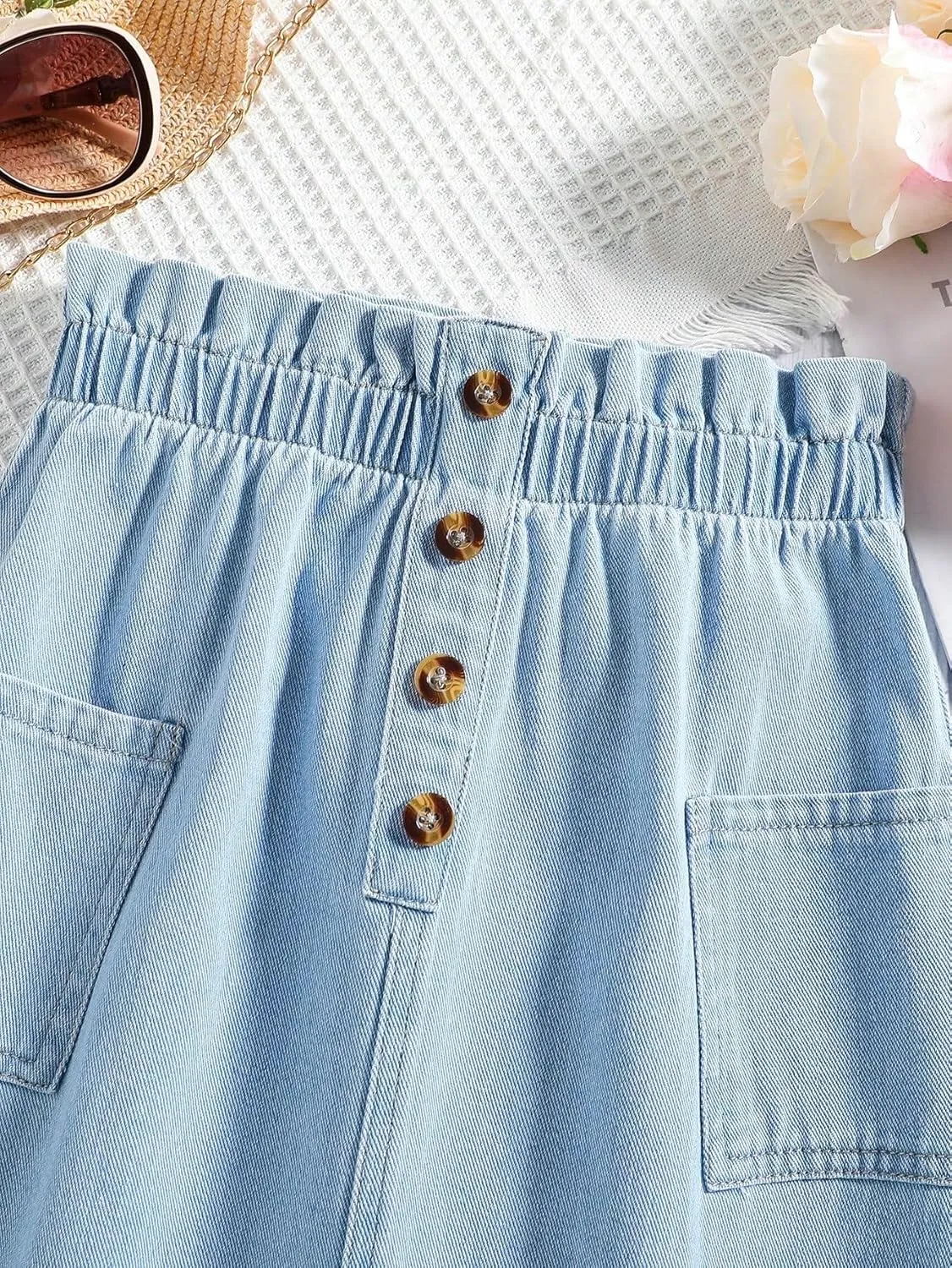 COZYEASE Girls' Paperbag High Waist A Line Skirt Button Front Midi Denim Skirts with Pocket