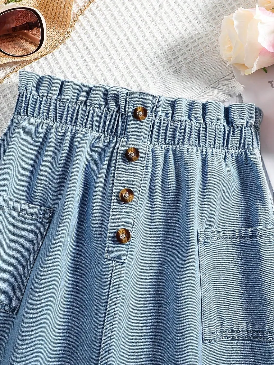 COZYEASE Girls' Paperbag High Waist A Line Skirt Button Front Midi Denim Skirts with Pocket