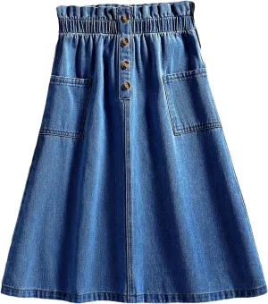 COZYEASE Girls' Paperbag High Waist A Line Skirt Button Front Midi Denim Skirts with Pocket
