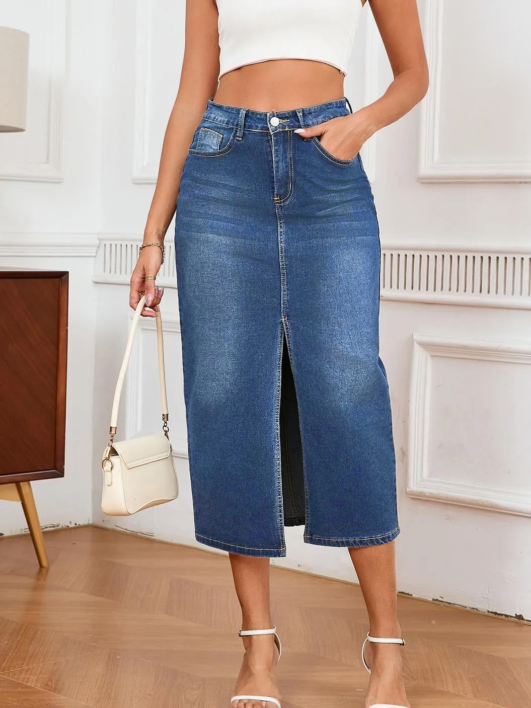 Denim Skirts for Women Comfy Stretch Jean Skirt