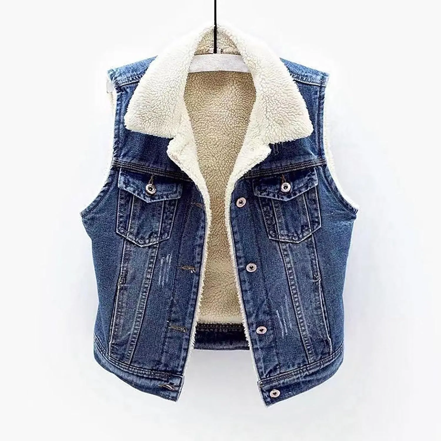 Denim Vest for Women Winter Warm Fuzzy Sherpa Fleece Lined Jean Jacket Sleeveless Cowboy Coat Waistcoat Streetwear