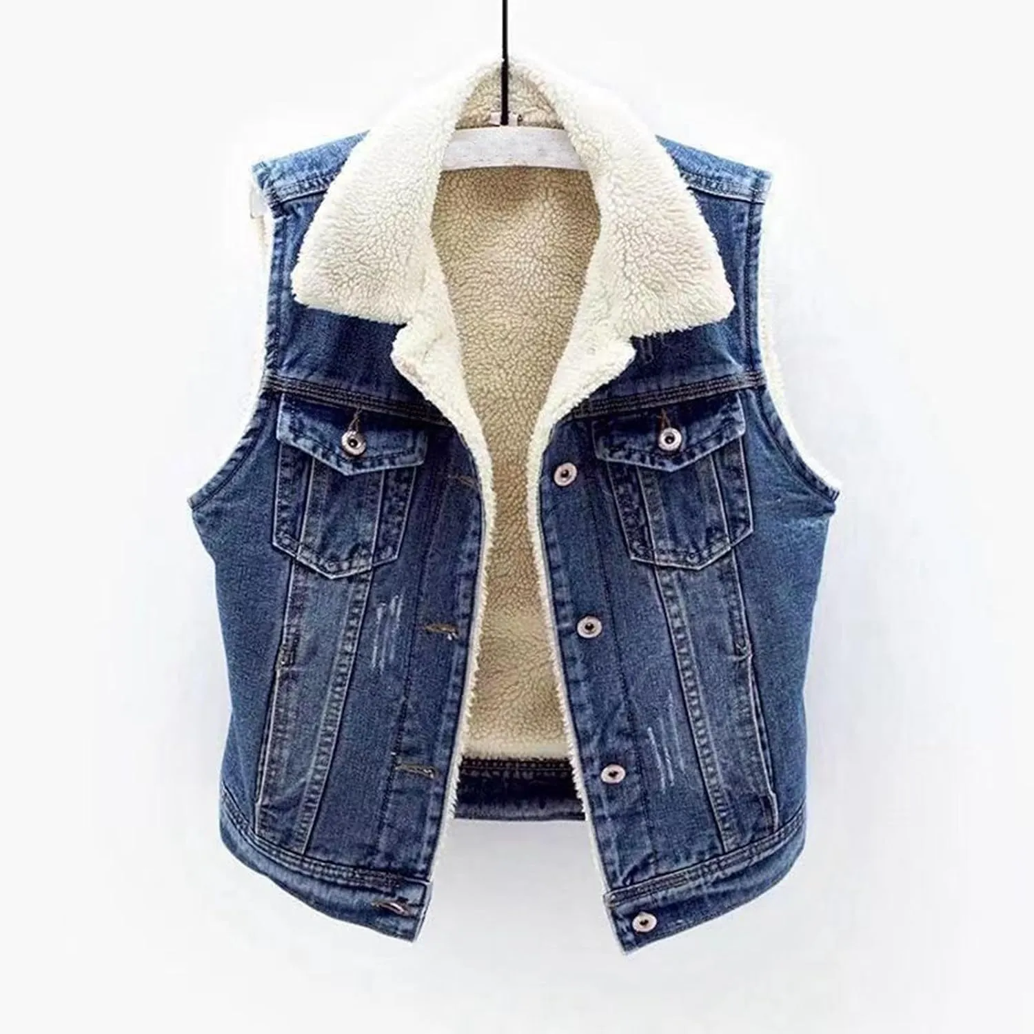 Denim Vest for Women Winter Warm Fuzzy Sherpa Fleece Lined Jean Jacket Sleeveless Cowboy Coat Waistcoat Streetwear